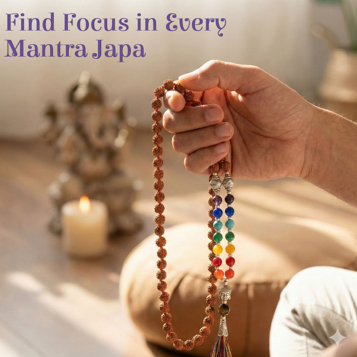 LOVENSPIRE 108 7 chakra rudraksha mala with rainbow beads in hand