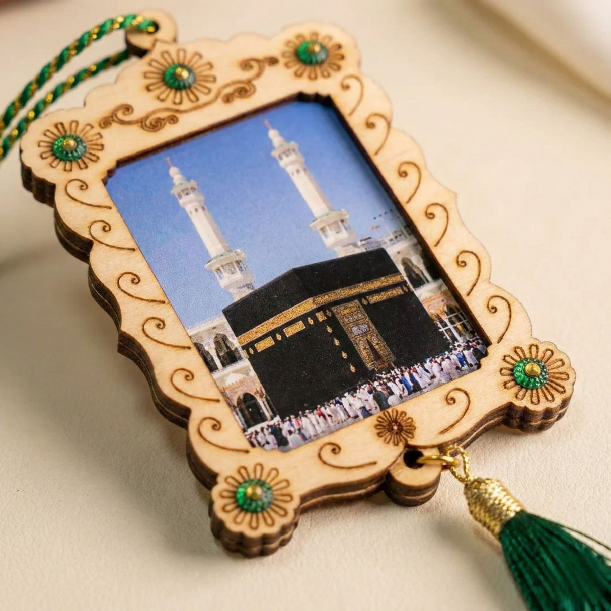 Islamic car hanging ornament with Kaaba photo, floral engraving, green gems