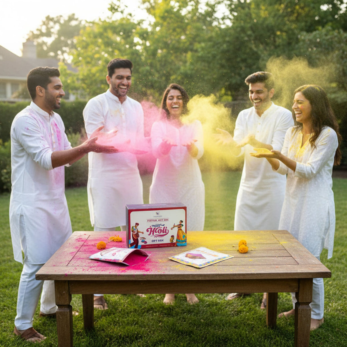 Red and white Holi gift box with dancers, Colored Powder Pack 75g each