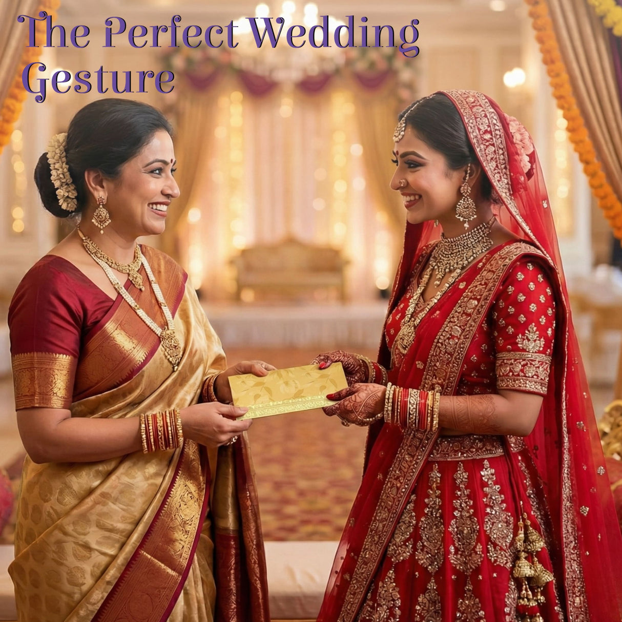 Gold-colored, ornate wedding gift envelope with intricate embossed patterns.