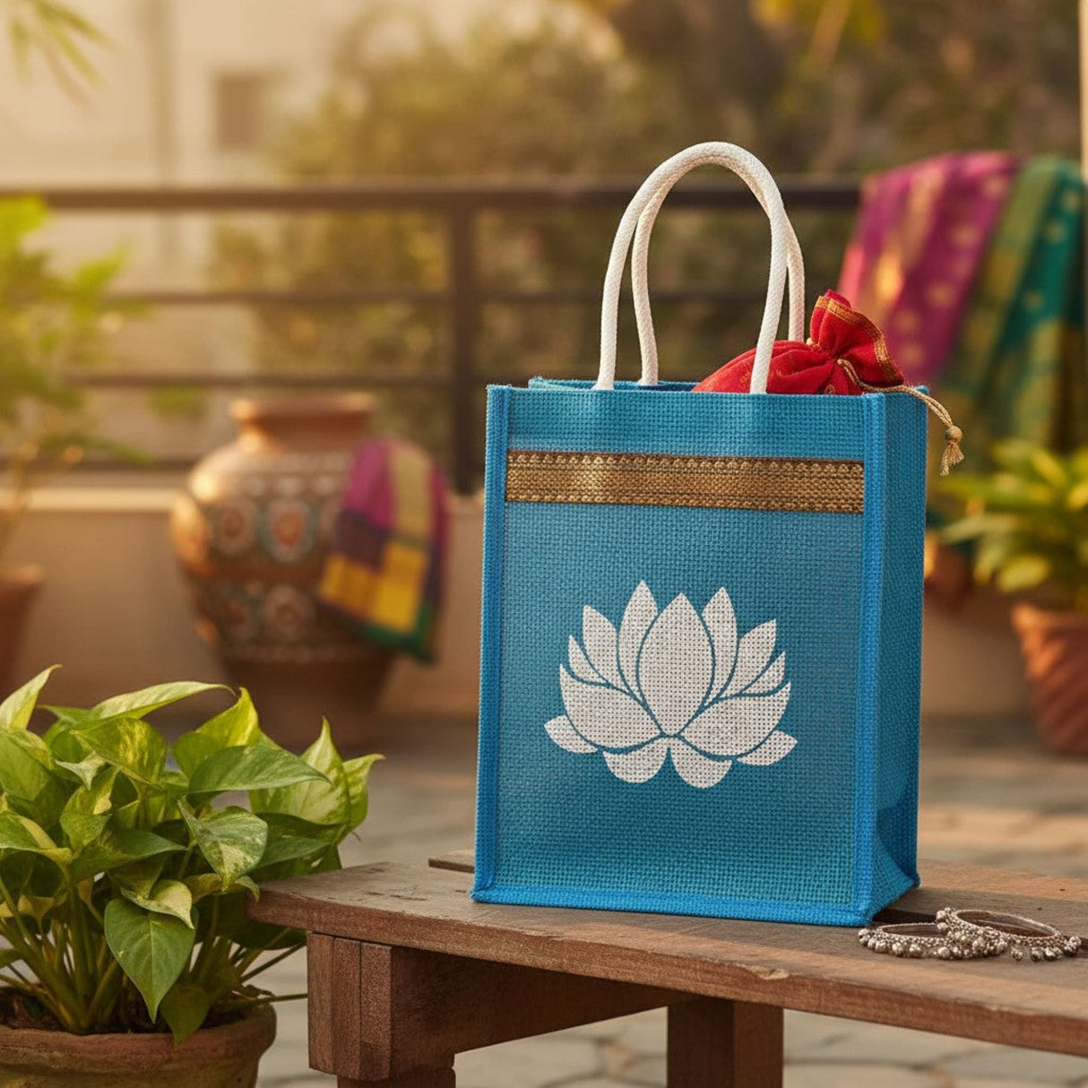 Blue jute tote bag with white lotus print and gold trim, featuring sturdy handles.