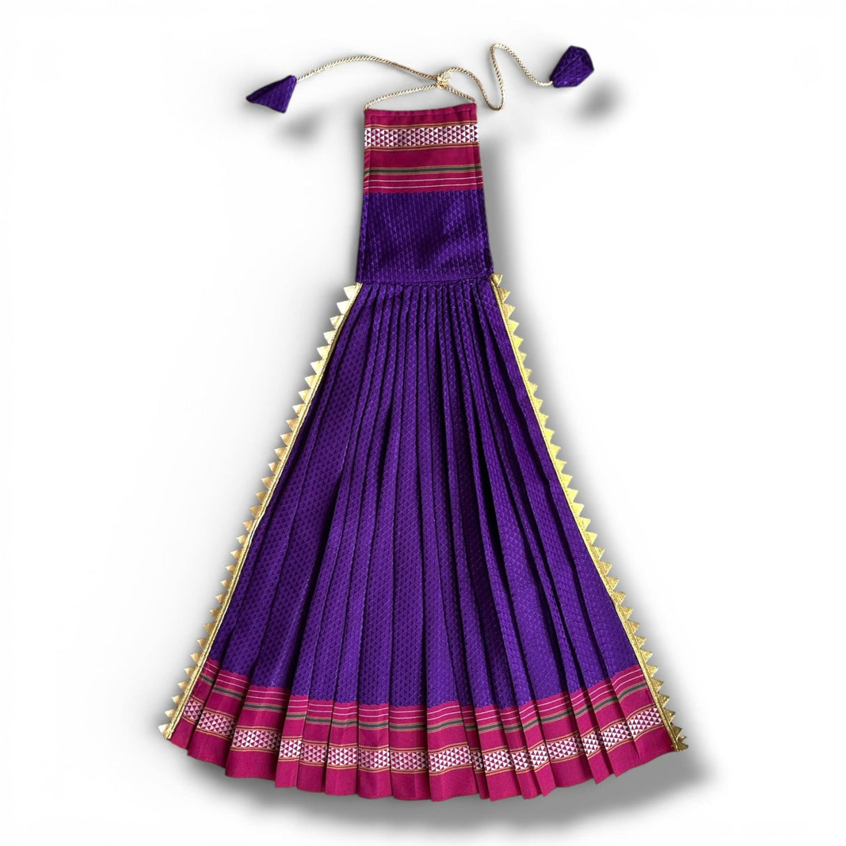 Vibrant purple pleated Gudi Vastra dress with gold hem, pink border, tassel neckline