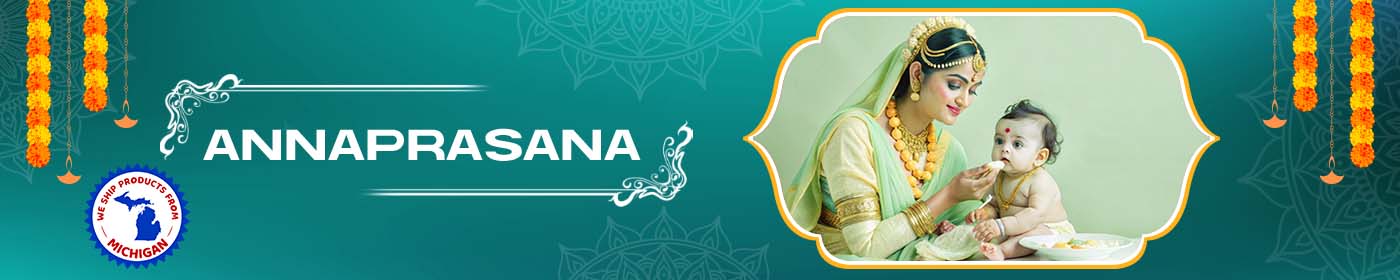 Banner design for an Annaprashan ceremony featuring a decorative border and a small photo frame.