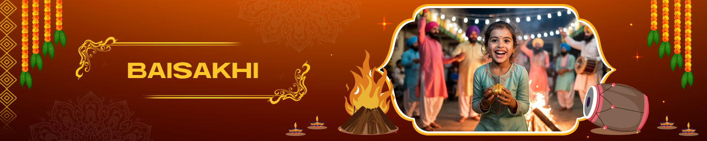 Festive Baisakhi celebration poster featuring traditional Punjabi dancers in colorful attire against a red background.