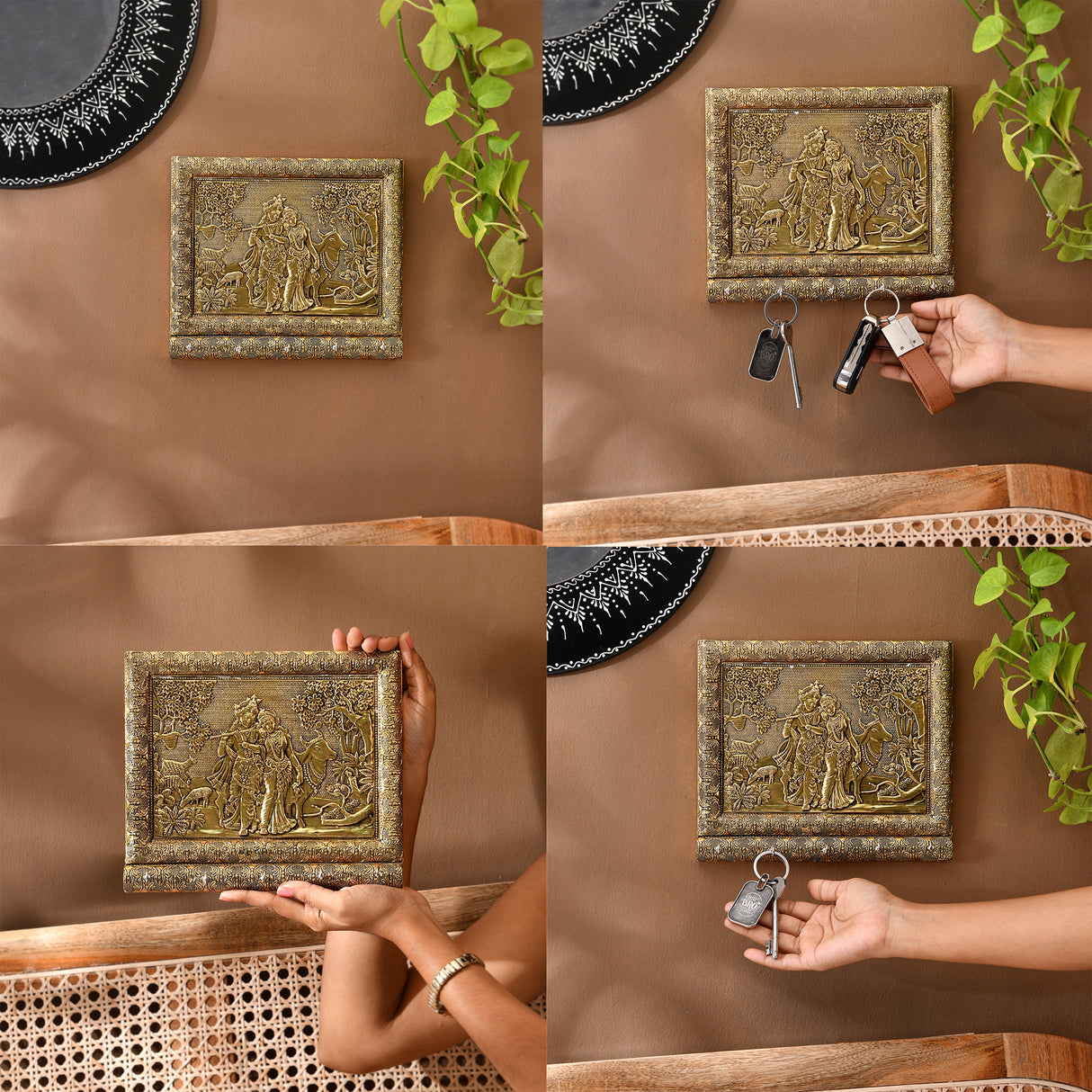 Radha Krishna with Cow Key Holder Home Decor Key Hooks for Wall Hanging Hand Crafted Decorative Showpiece Key Organizer Office Hallway Living Room Wall Mounted 5 Hooks Housewarming Gift