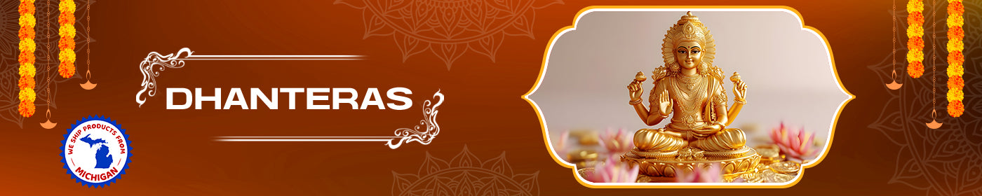 Banner with 'Dhanteras' text and a gold statue of a deity on an orange background.