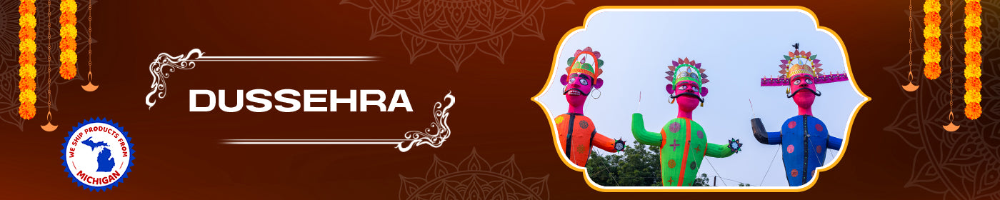 Banner celebrating Dussehra with colorful effigies and decorative elements on a brown background.