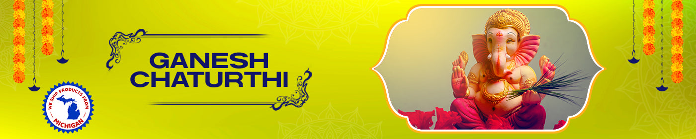 Ganesh Chaturthi banner with Lord Ganesha statue and decorative elements on a green background