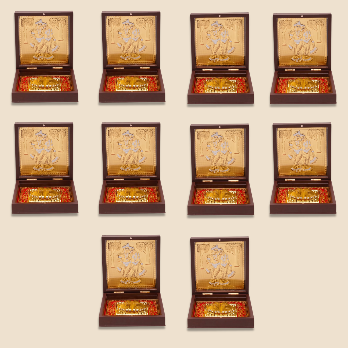 Gold Plated Radha Krishna Photo Frame with Charan Paduka – Spiritual Hindu Idol for Home Temple, Office Decor | Indian Return Gift for Housewarming, Diwali Pooja & Weddings