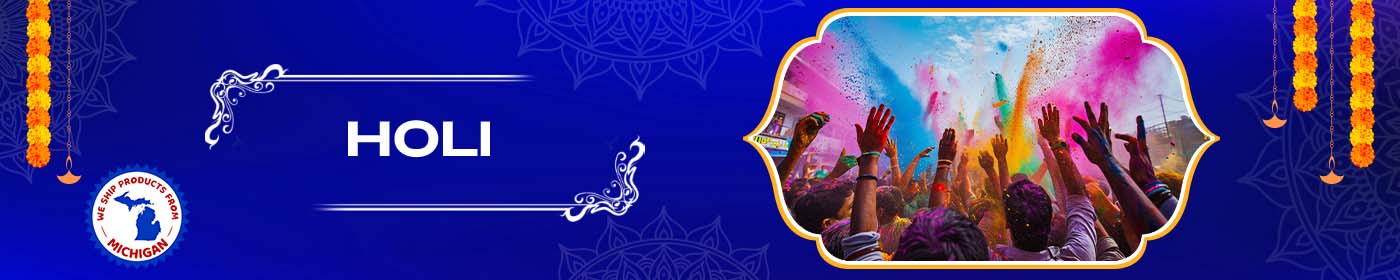 Holi celebration banner with colorful hands and traditional decorations on a blue background.