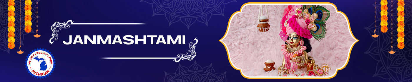 Janmashtami banner with Krishna statue and decorative elements on a blue background