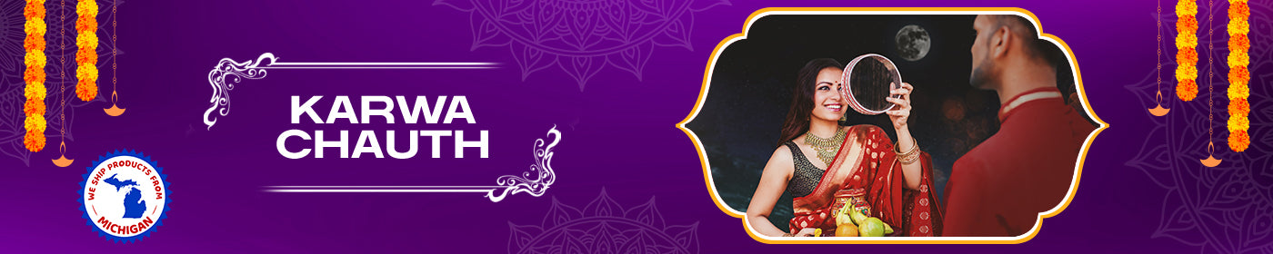 Karwa Chauth celebration banner with a couple and traditional attire on a purple background.