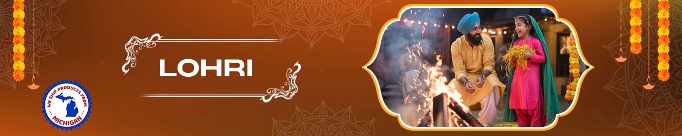 Banner celebrating Lohri with people in traditional attire and decorative elements.
