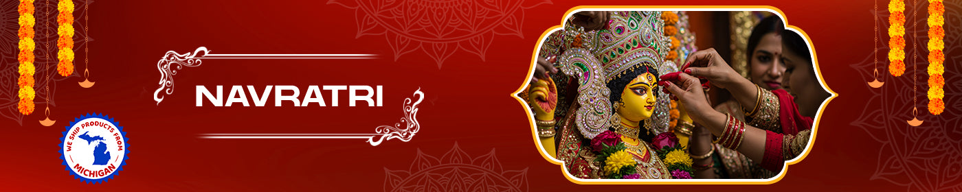 Navratri banner with a woman applying sindoor to another's hair, against a red background.