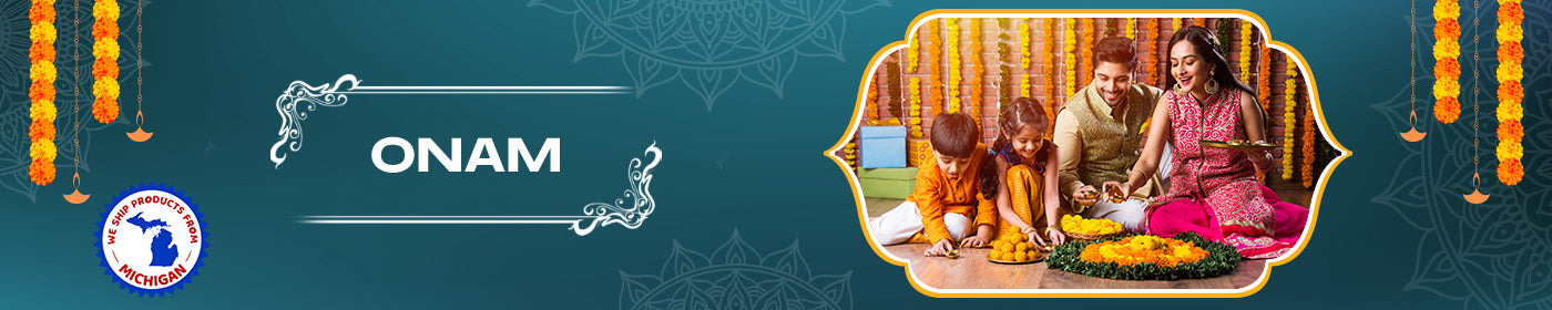 Onam celebration banner with people and traditional decorations on a blue background