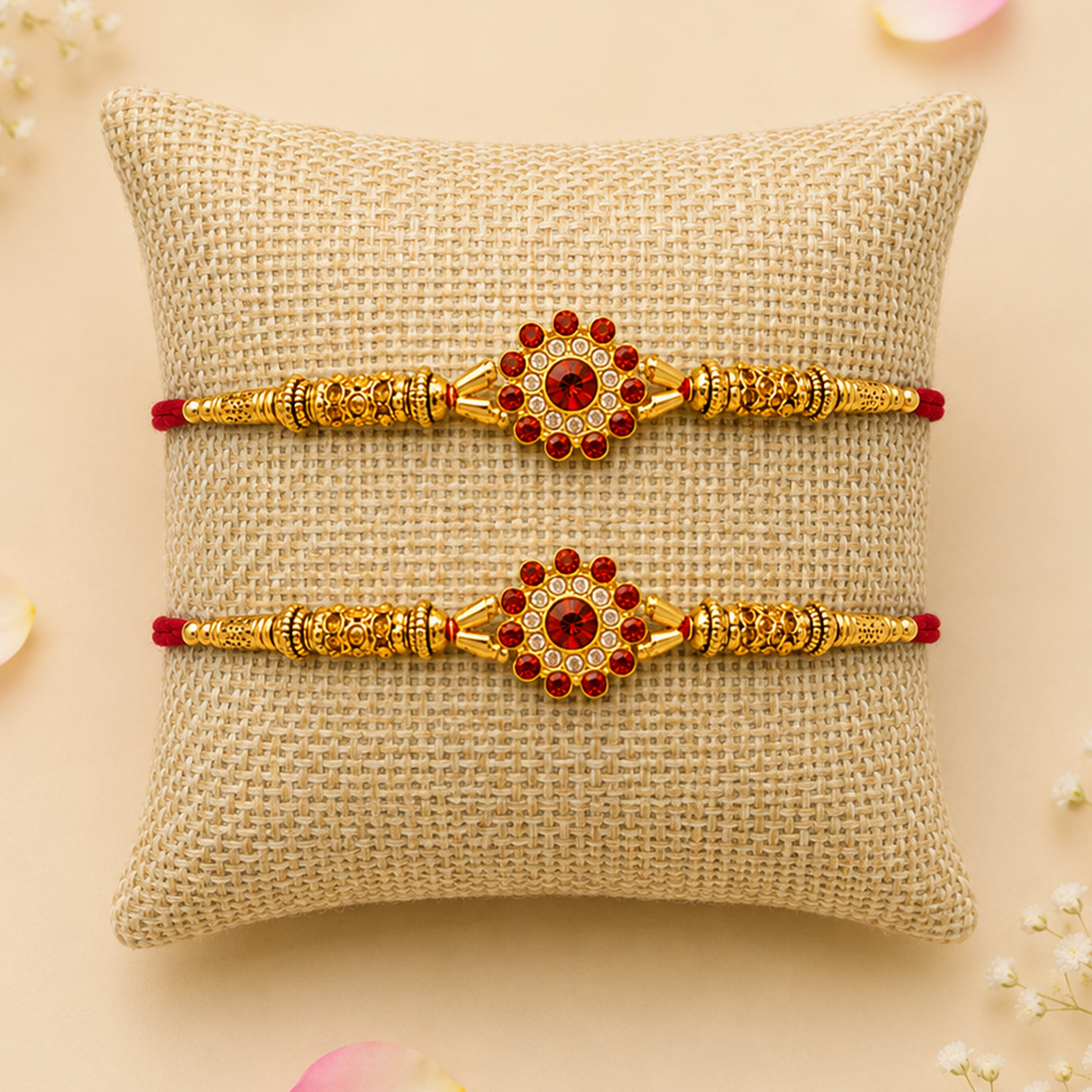 Handmade Designer Rakhi Set for Brother & Bhabhi (2 Pcs) – Adjustable Cotton Thread Bracelets with Greeting Card & Roli Chawal, Raksha Bandhan Gift for Good Luck & Protection