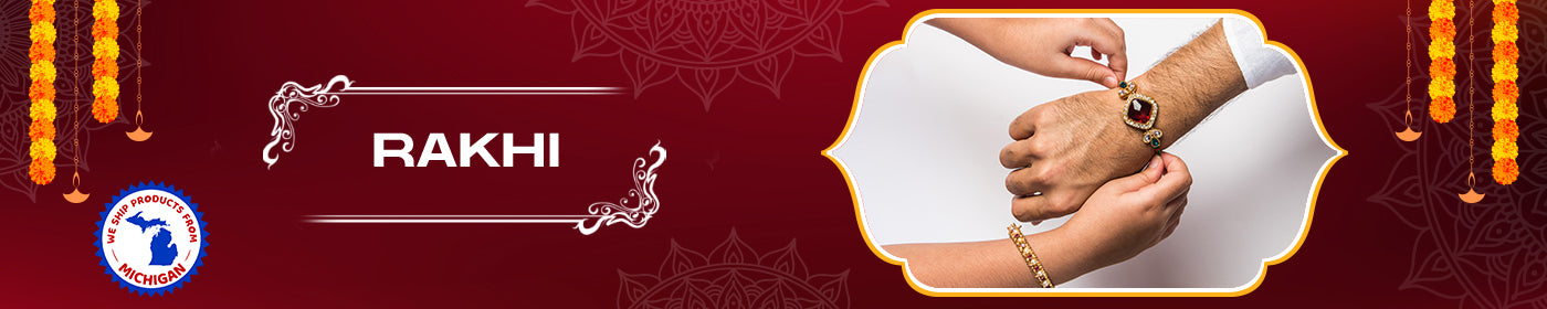 Advertisement for Rakhi with a hand wearing a bracelet on a red background