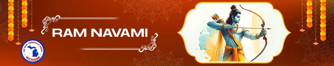 Banner celebrating Ram Navami with an illustration of Lord Rama and decorative elements.