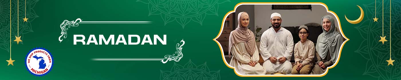 Green banner with 'Ramadan' text and a family photo, featuring a logo on the left.
