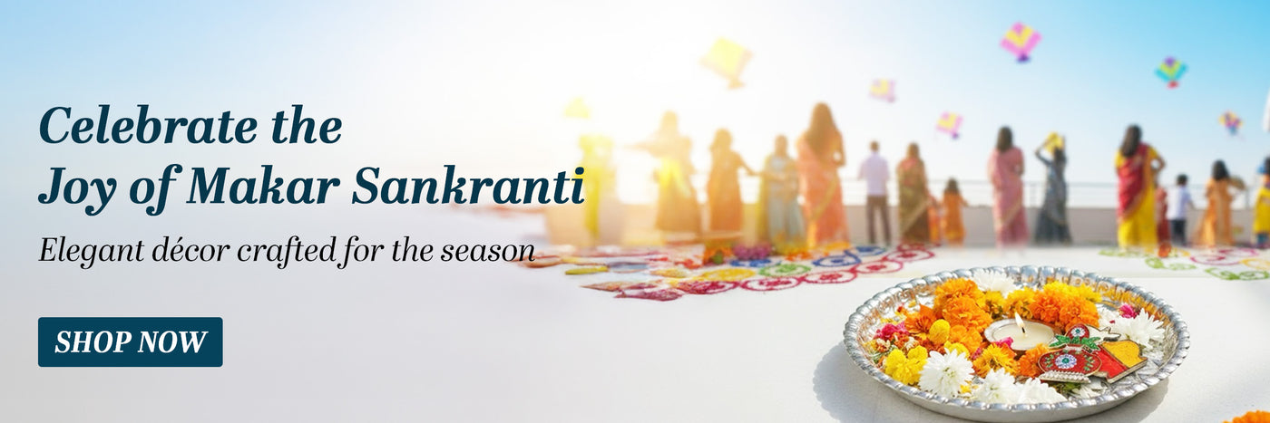 Decorative scene for Makar Sankranti with people and floral arrangements, featuring a 'Shop Now' button.