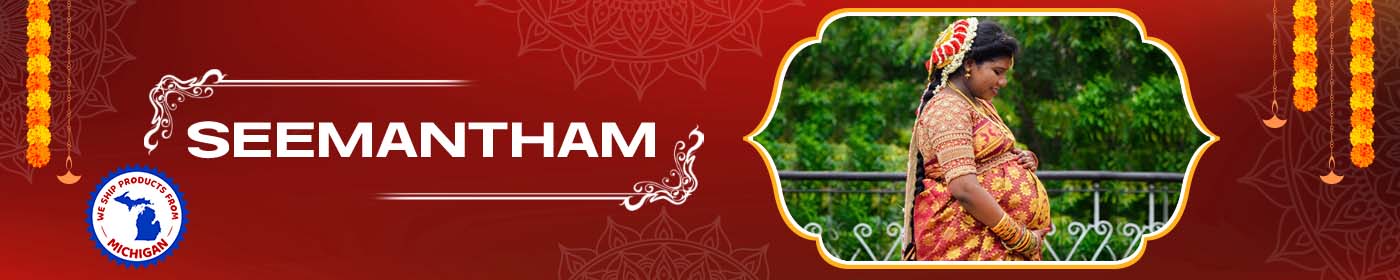 Banner with 'Seemantham' text and a woman in traditional attire against a green background.