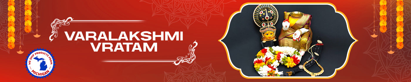 Banner for Varalakshmi Vratam with神像 and decorative elements on a red background