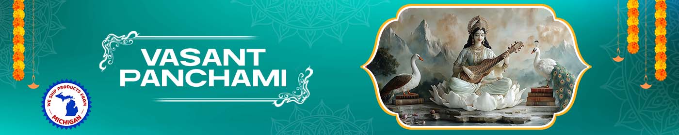 Banner for Vasant Panchami with decorative elements and a central illustration of a woman playing a stringed instrument.