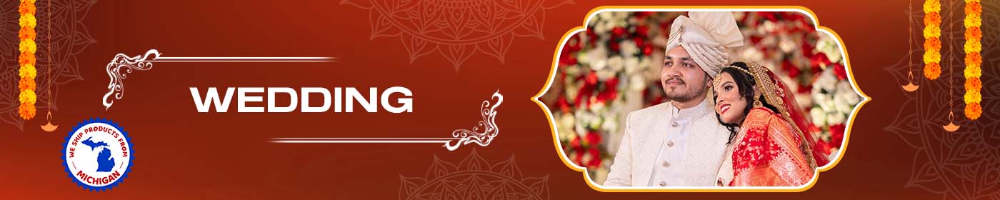 Red banner with white ’Wedding’ text and a small circular photo showing hands holding flowers.