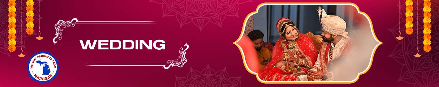 Red banner with white ’Wedding’ text and a small circular photo showing hands holding flowers.