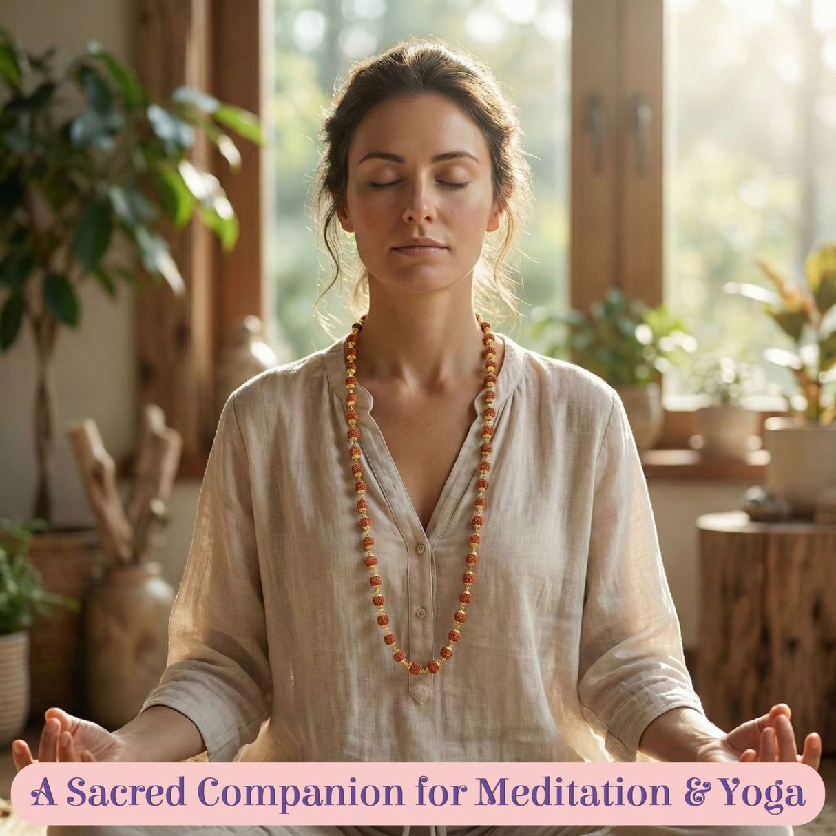 Certified 5-face Rudraksha mala necklace with orange brown beads on neck