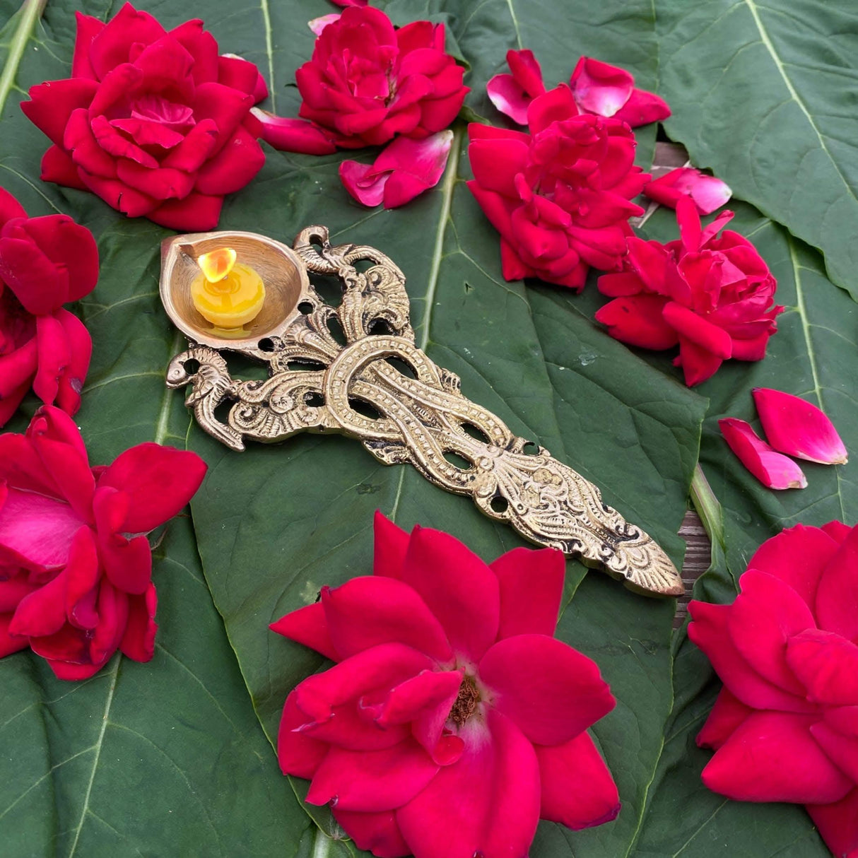 Brass Pooja Aarti Spoon 1 Pc Diya Twin Peacock Design Round Hawan Spoon for Pouring Ghee in Hawan Kund Diwali Gift Ethnic Indian Aarti Spoon Wedding Return Gifts Home Temple Decor - LoveNspire