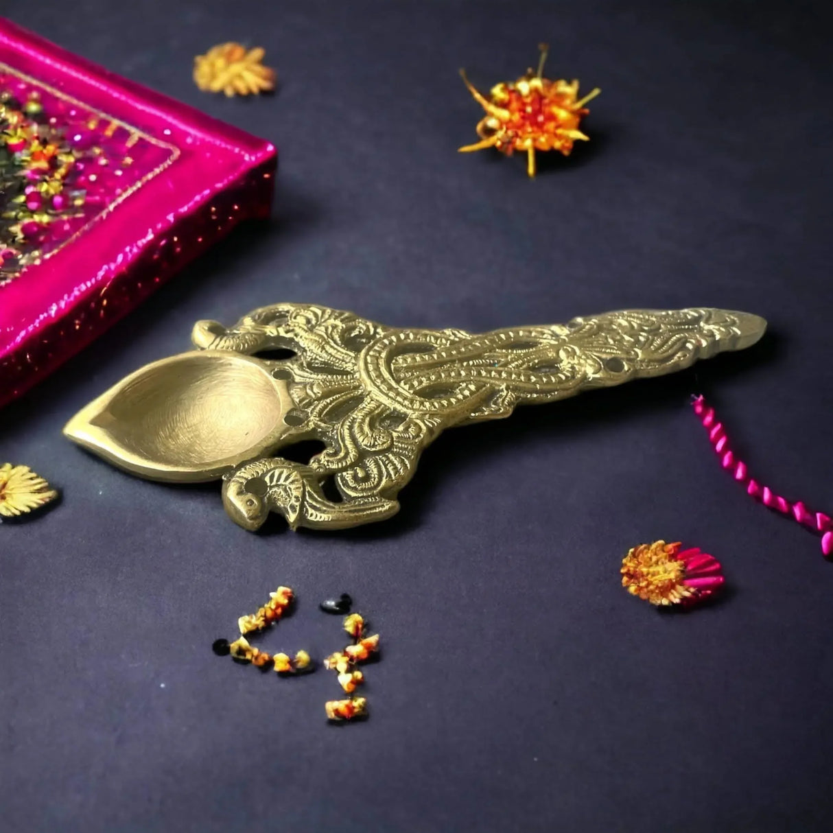 Brass Pooja Aarti Spoon 1 Pc Diya Twin Peacock Design Round Hawan Spoon for Pouring Ghee in Hawan Kund Diwali Gift Ethnic Indian Aarti Spoon Wedding Return Gifts Home Temple Decor - LoveNspire
