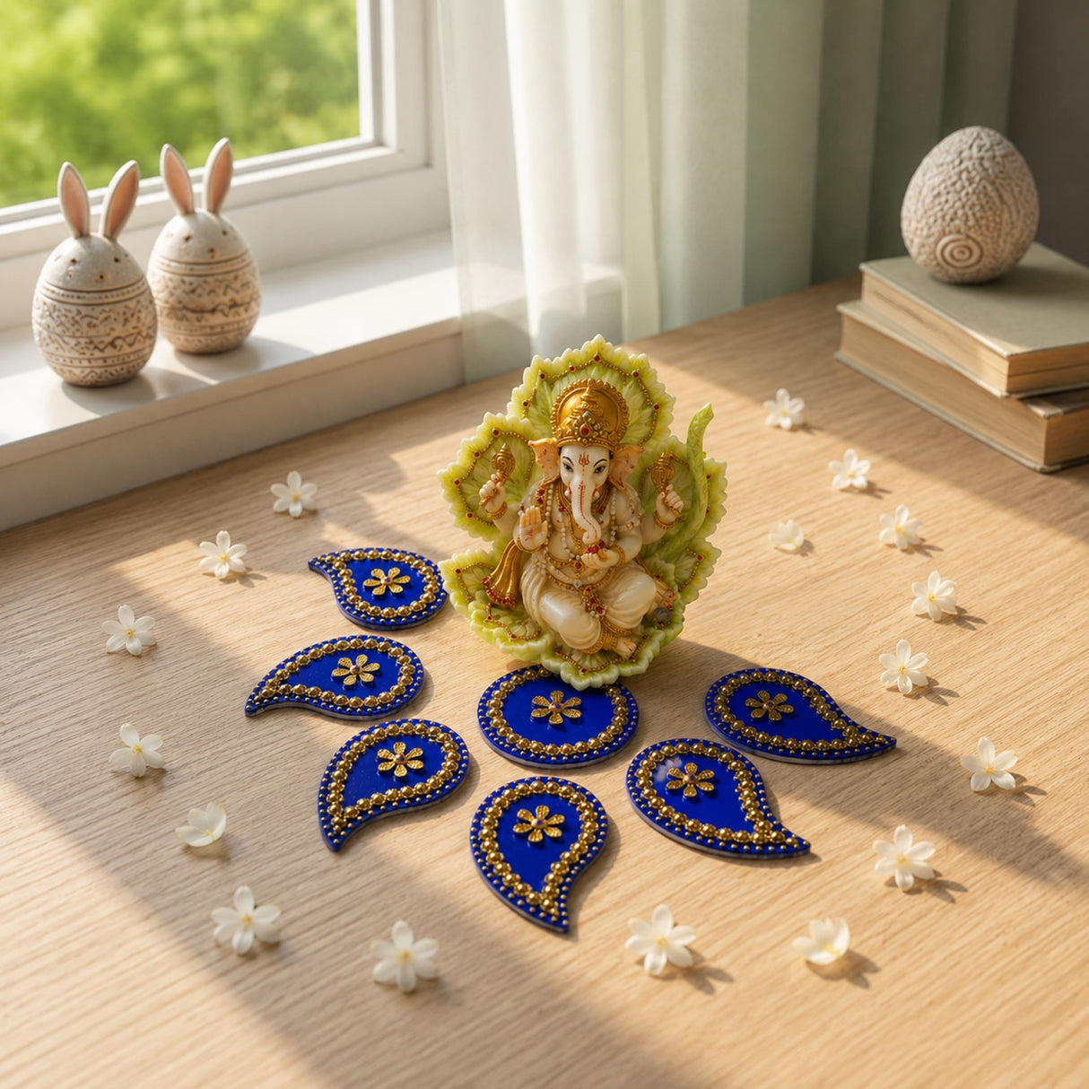 Golden ganesha diya floor rangoli figurine with intricate detailing seated on green leaf base for diwali decor