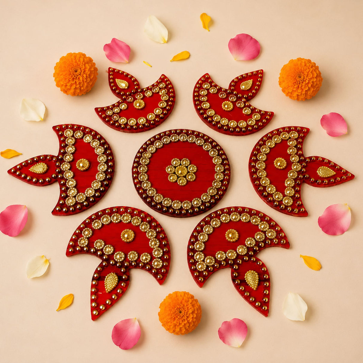 Red and gold decorative rangoli designs in symmetrical pattern acrylic diya floor rangoli for diwali and home decor