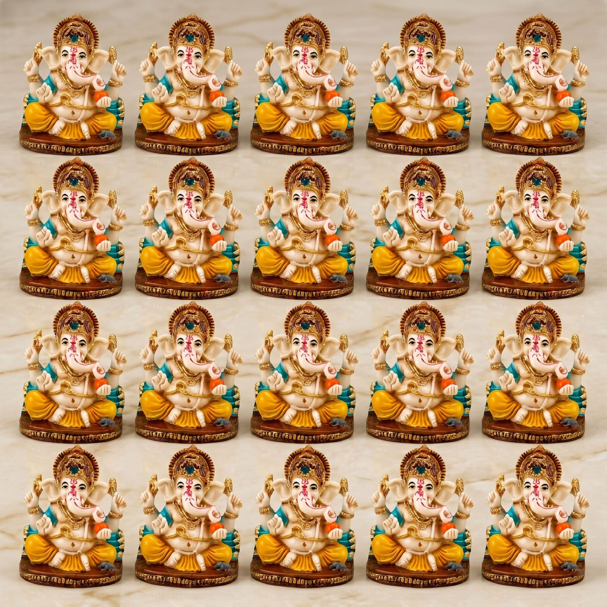 Set of fifteen ornate acrylic Ganesha idols with cream bodies and gold teal accents for home temple and festival decor