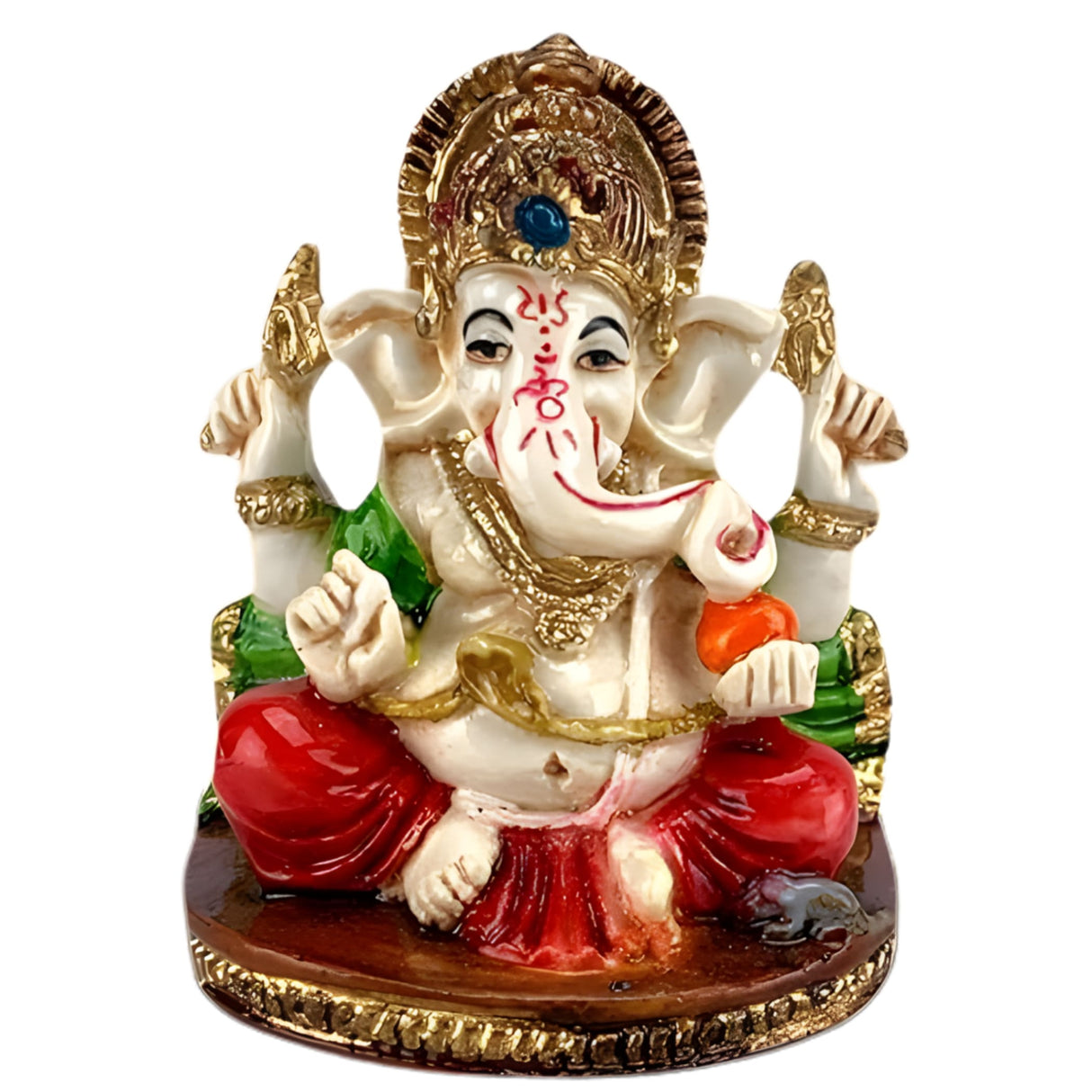 2.25 inch multi-colored acrylic Ganesha statue with white face, red pants, gold jewelry