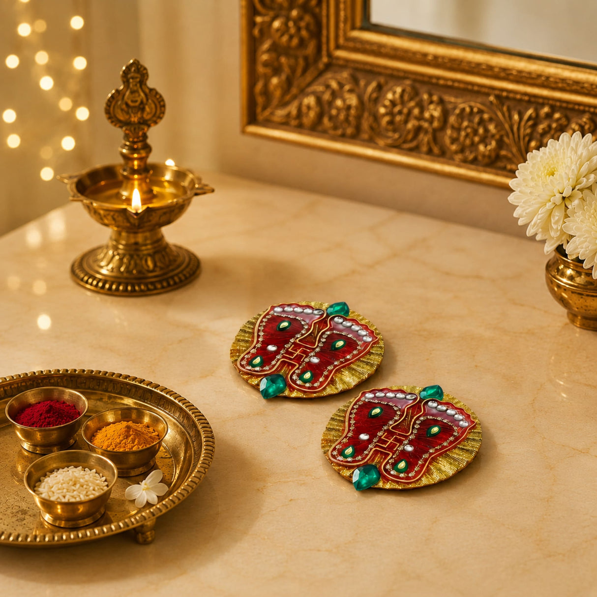 Red and gold acrylic lakshmi charan paduka coasters with green gemstones and white beads for diwali home temple decor