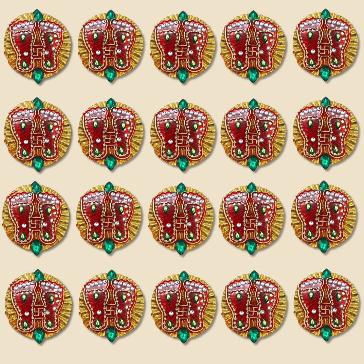 Acrylic Lakshmi Charan Paduka feet in red and gold with green gemstones and white bead accents for Diwali decoration