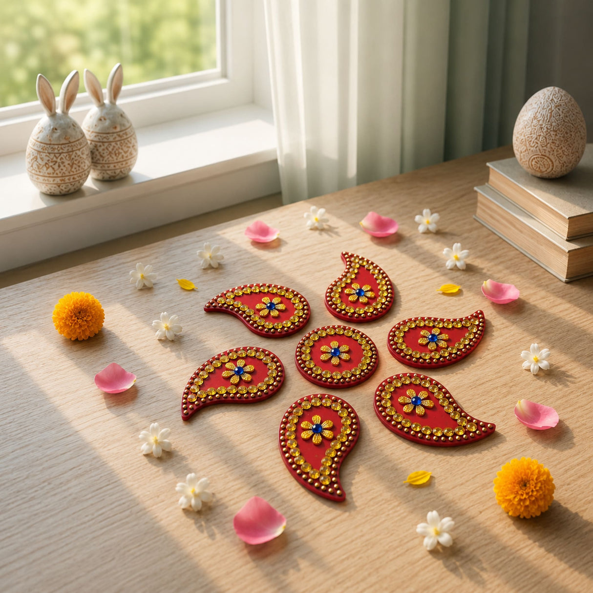 Red acrylic rangoli set with decorative paisley stickers featuring gold and blue embellishments for diwali decor