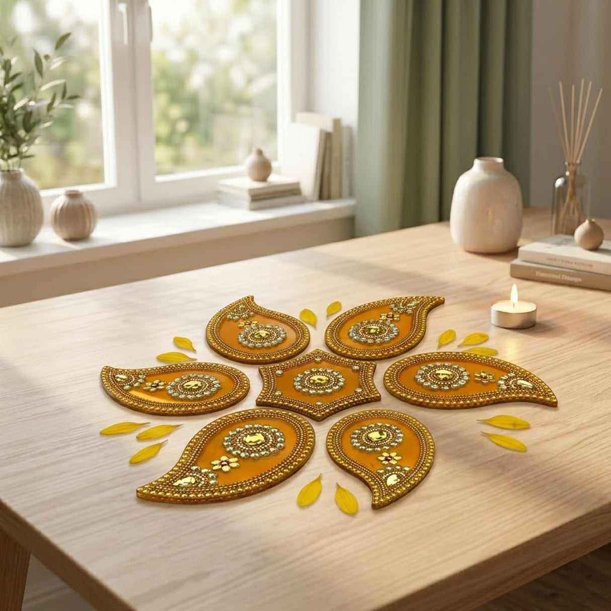 Golden ornate acrylic rangoli set with intricate beadwork and leaf accents for diwali navratri home temple decor