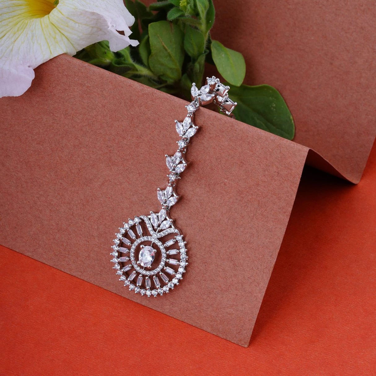 American Diamond Maang Tikka Silver Plated Matha Patti Indian Traditional Women Forehead Jewelry Pakistani Punjabi Wedding Favor Studded Jhoomer Designer Head Accessory Gift for Her - LoveNspire