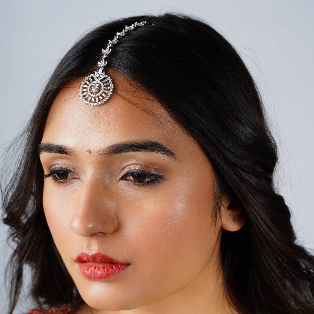 American Diamond Maang Tikka Silver Plated Matha Patti Indian Traditional Women Forehead Jewelry Pakistani Punjabi Wedding Favor Studded Jhoomer Designer Head Accessory Gift for Her - LoveNspire