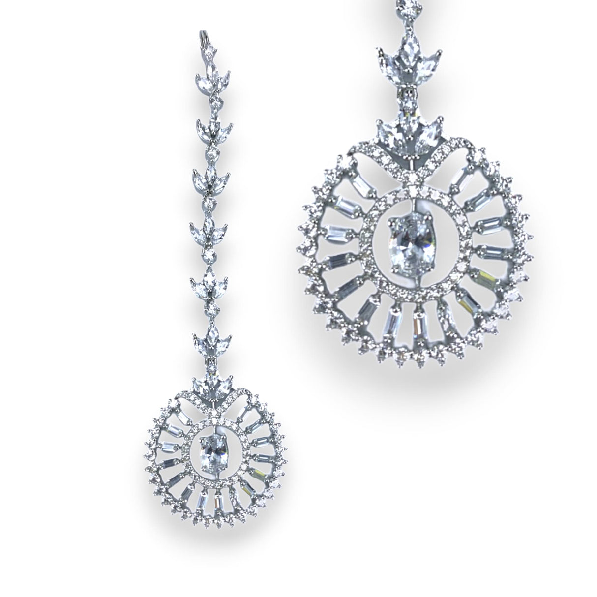 American Diamond Maang Tikka Silver Plated Matha Patti Indian Traditional Women Forehead Jewelry Pakistani Punjabi Wedding Favor Studded Jhoomer Designer Head Accessory Gift for Her - LoveNspire