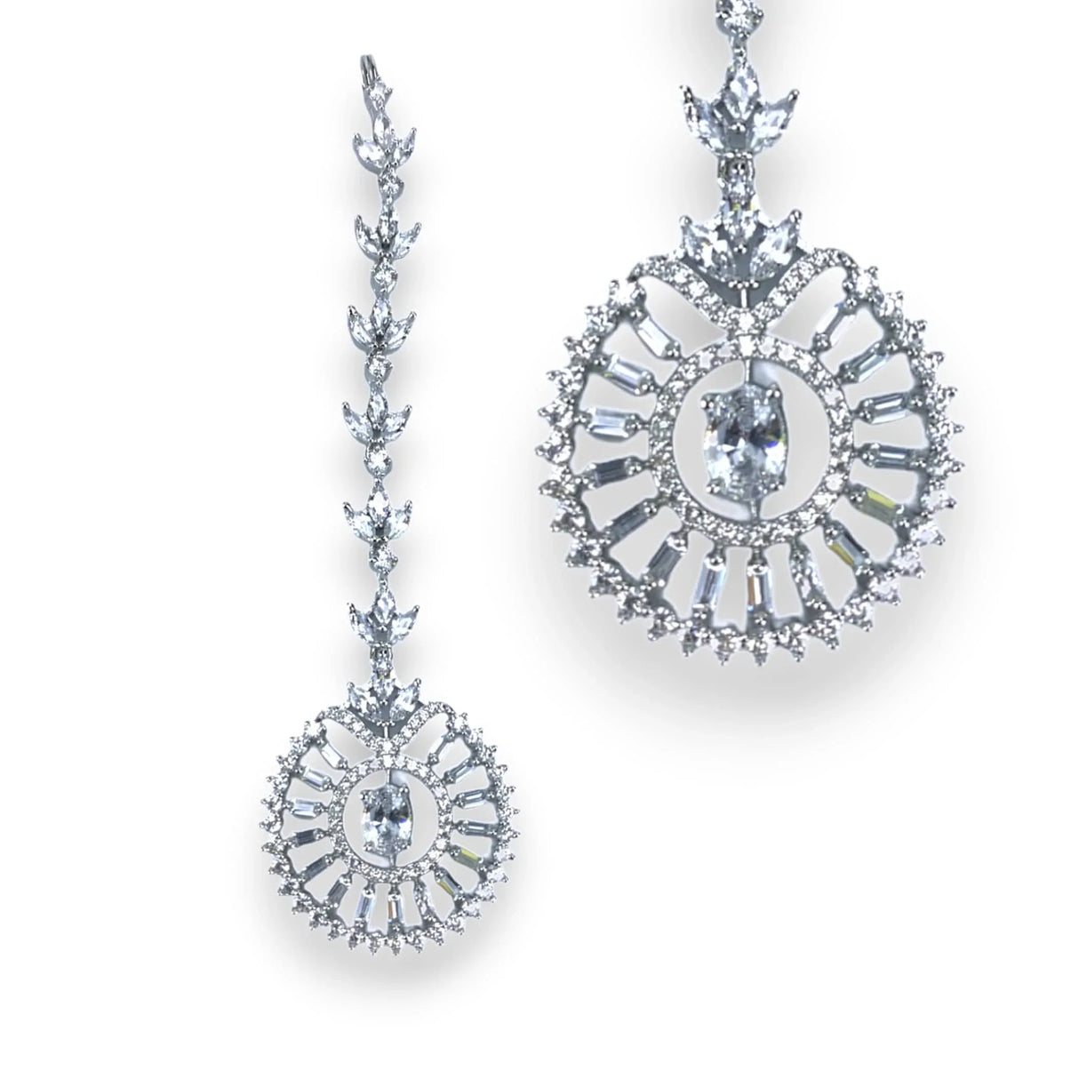 American Diamond Maang Tikka Silver Plated Matha Patti Indian Traditional Women Forehead Jewelry Pakistani Punjabi Wedding Favor Studded Jhoomer Designer Head Accessory Gift for Her - LoveNspire