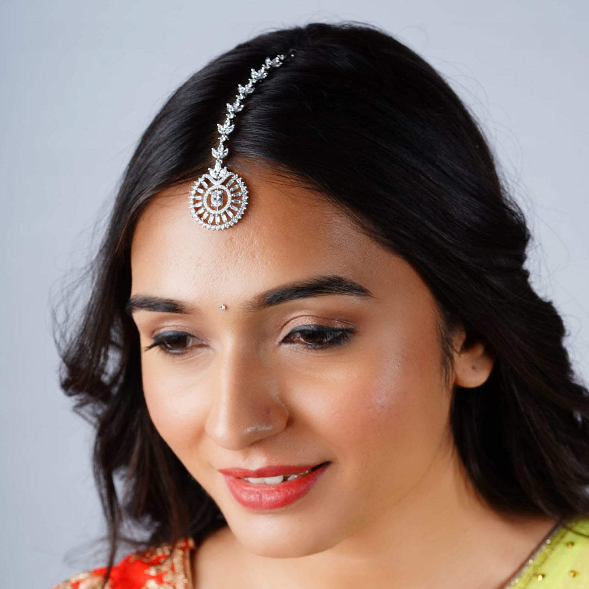 American Diamond Maang Tikka Silver Plated Matha Patti Indian Traditional Women Forehead Jewelry Pakistani Punjabi Wedding Favor Studded Jhoomer Designer Head Accessory Gift for Her - LoveNspire