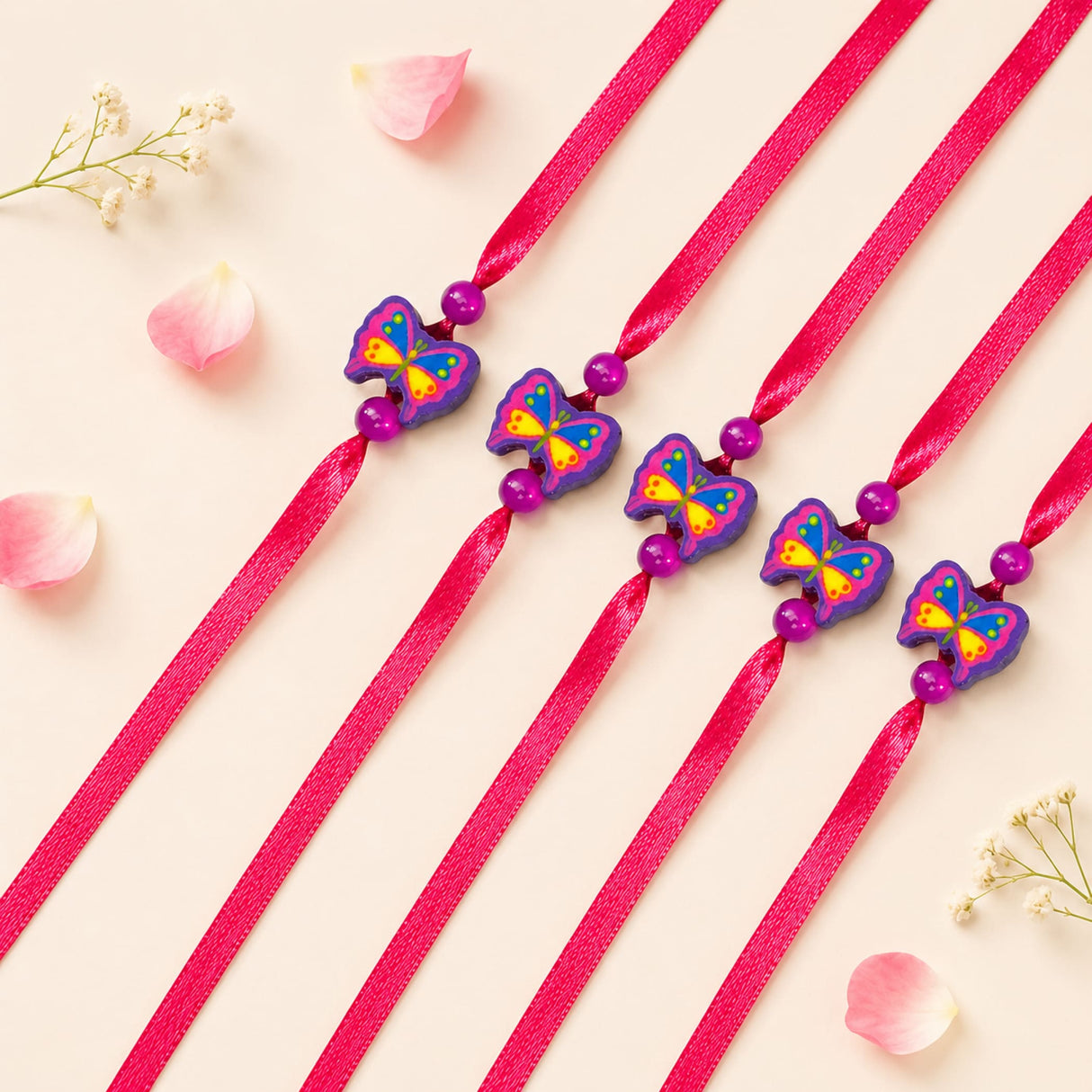 Animal theme rakhi for brother with bright pink ribbon bookmarks, colorful butterfly charms, and purple beads set of 5