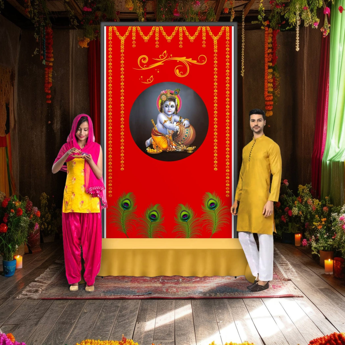 Annaprasana Backdrop Indian Traditional Backdrop Cloth 5x8 Feet Baby Shower Decor Indian Pooja Wall Decor Indian Wall Art Photo Decor Banner Decorative Pooja Cloth Seemantham Favor - LoveNspire