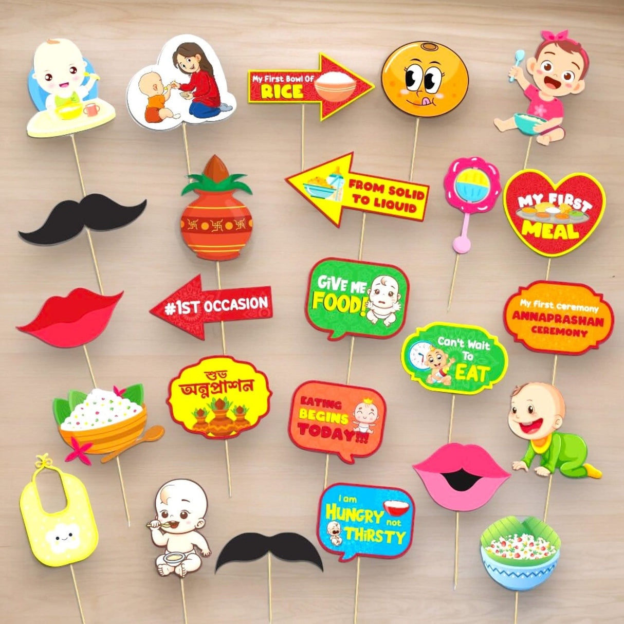 25 Pcs Annaprasanam Photo Booth Props Kit for Photoshoot Rice Feeding Ceremony Props Annaprashan Decoration Items Indian Party Supplies Hindu Celebration - LoveNspire