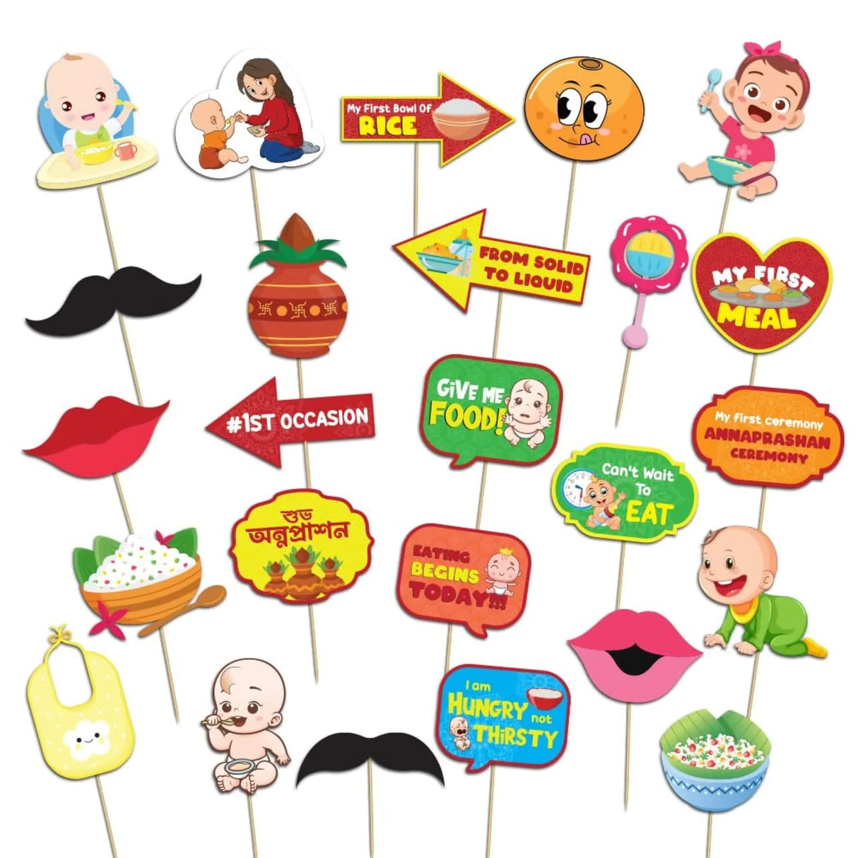 25 Pcs Annaprasanam Photo Booth Props Kit for Photoshoot Rice Feeding Ceremony Props Annaprashan Decoration Items Indian Party Supplies Hindu Celebration - LoveNspire