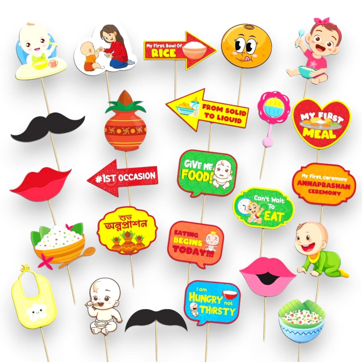 25 Pcs Annaprasanam Photo Booth Props Kit for Photoshoot Rice Feeding Ceremony Props Annaprashan Decoration Items Indian Party Supplies Hindu Celebration - LoveNspire